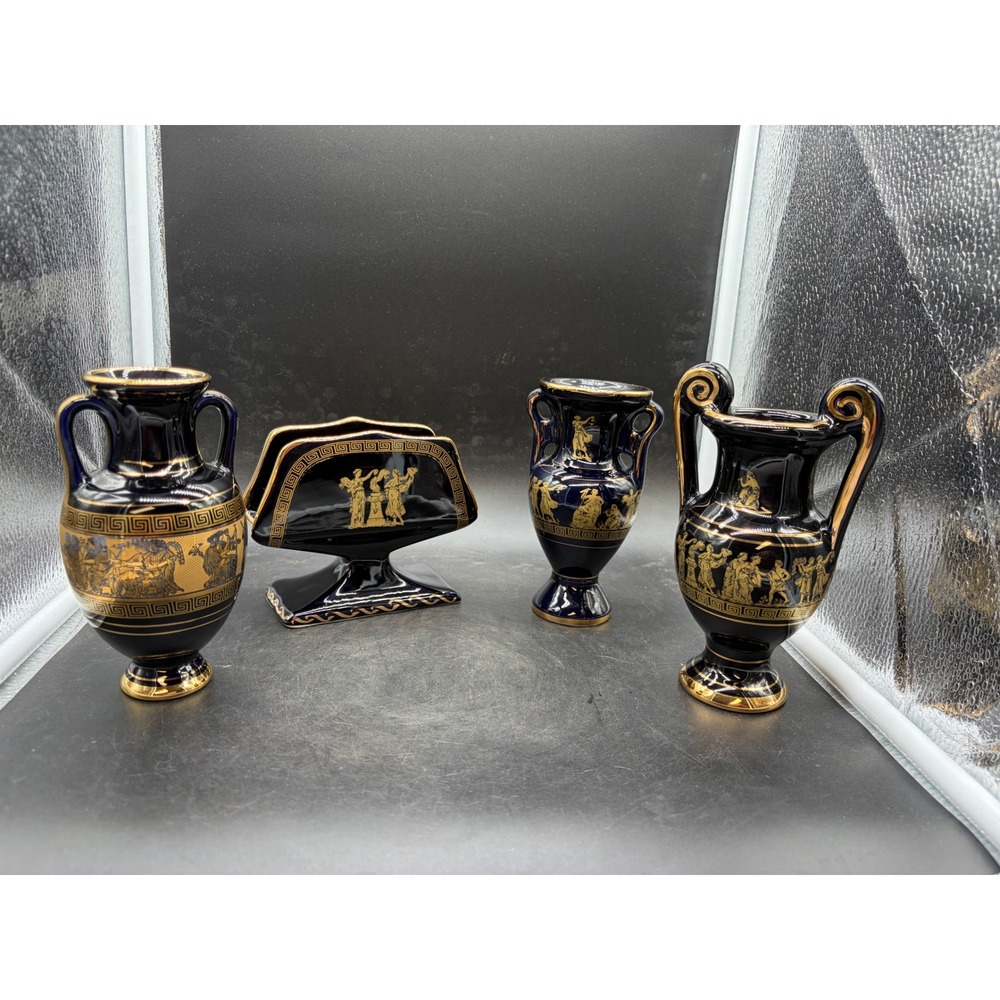 J. Spyropoulos Greece 24K Gold Cobalt Blue Ceramic Vase & Napkin Holder 4pc Set